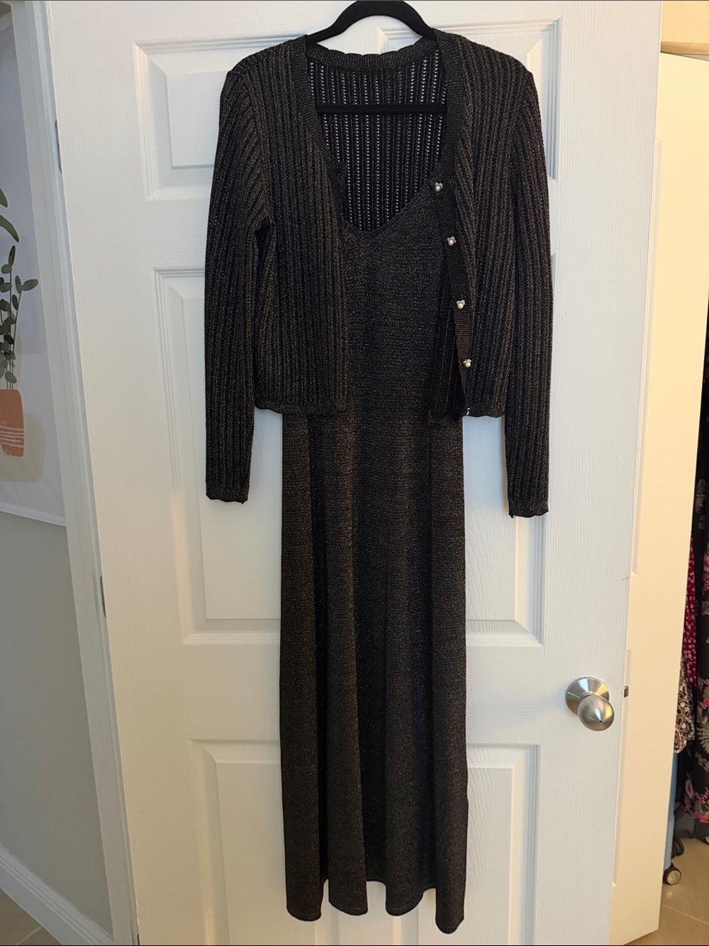 Black Ribbed Knit Maxi Dress with Button Cardigan